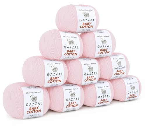 Gazzal Baby Cotton - 60% Baumwolle-10 Knäuel je 50 g/165 m - Dünne Wolle zum Häkeln und Stricken - Strickgarn - Häkelgarn - Pflegeleicht und Hautfreundlich - Nadelstärke 3-4 (HELLROSA)
