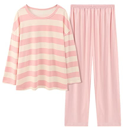 Nattkläder, damset, lång, bekväm hemmadräkt, 2 delar, stora storlekar | Tvådelade nattkläder med randiga pyjamasöverdel och enfärgade pyjamasbyxor, mode, hemmakläder, ledig vardagsklädsel