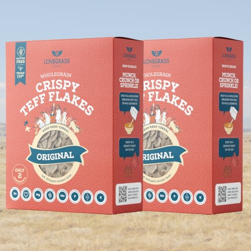 Lovegrass Ethiopia Crispy Teff Flakes (2 X boxes) | Award Winning Healthy, Whole Grain Breakfast Cereal 350g | Gluten Free | Vegan, High Protein, Fibre, Vitamins & Minerals | No Artificial Sugar
