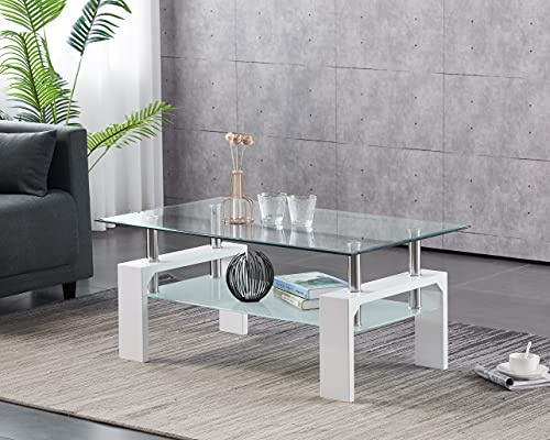 Furnizone COSMO Clear Glass Top with Frosted Glass Shelf & White High Gloss Legs Modern Coffee Table Home Living Room