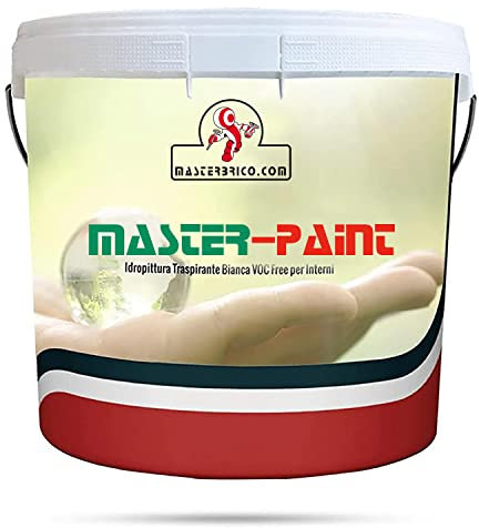 MASTERBRICO Pittura Bianca per Interni Master Paint, Pittura Traspirante per Interni Bianca all'acqua, Idropittura Bianca con forte potere Coprente ed elevato punto di bianco (5 Litri)
