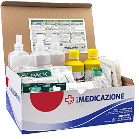 ONFARMA KIT DI REINTEGRO COMPLETO DI CARTELLO PRIMO SOCCORSO ricambio per cassetta medica pacco di medicazione SENZA MISURATORE DI PRESSIONE per aziende con 3 o più lavoratori D.M. 388 all.1