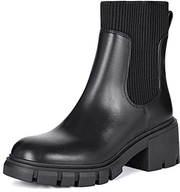 Athlefit Women's Chelsea Platform Ankle Boots Elastic Chunky Heel Lug Sole Black Booties Size 9