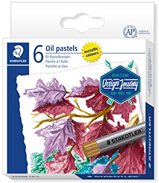 STAEDTLER metallic Öl-Pastellkreide Design Journey, glänzende Farbeffekte auf hellem und dunklem Papier, wasserfest, 11 mm Durchmesser, 6 Ölkreiden in sortierten metallischen Farben, 2420M C6-C