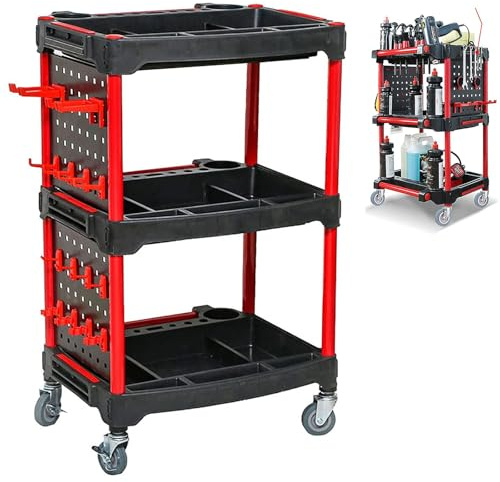 3-Tier Rolling Tool Cart on Wheels, Heavy Duty Utility Service Cart with Ergonomic Handle, Portable Tool Trolley Storage Organizer with Hooks, for Home, Garage, Car Wash/Wax, Warehouse, Black