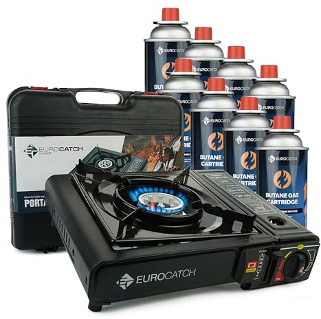 Eurocatch Outdoor - Réchaud à gaz - incl. 8 cartouches de gaz - Réchaud de camping - Brûleur à gaz - Cuisinière à gaz - Plaque de cuisson à gaz - Cuisinière - Mallette de transport