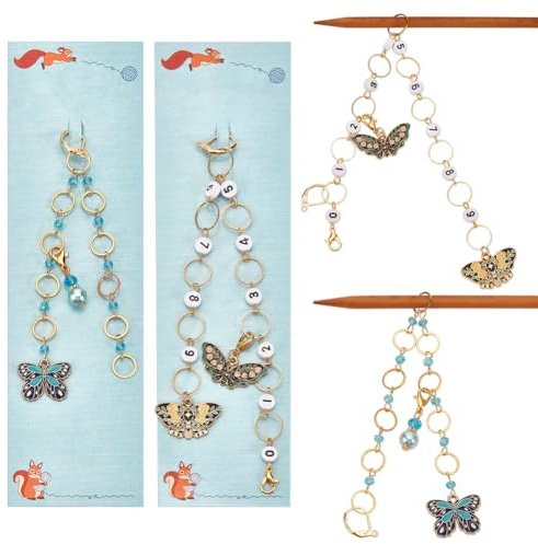 NBEADS 2 Pcs Row Counter Chains with Enamel Butterfly Pendant, 2 Styles 0-9 Number Knitting Row Counter Chains Glass Acrylic Beads Crochet Stitch Marker for Knitting Weaving Sewing