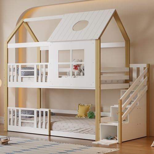 Rtopsu Kinderbett Etagenbett 90x200 cm mit Treppe, Bett Hochbett mit Stauraum Staufach, Baumhausbett mit Lattenrost und Rausfallschutz, Hausbett mit Fenster für 2 Kinder, Weiß, Ohne Matratze