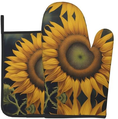 YYHWHJDE Set di 2 guanti da forno e presine di qualità stampati con girasole dorati, utilizzati per aprire i coperchi delle pentole in cucina