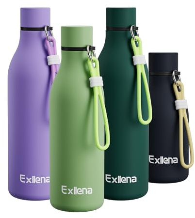 Exllena Metal Water Bottle 500ml with Silicone Strap, Double Wall Vacuum Insulated Keeps Drinks Cold 24 Hrs/Hot 12 Hrs, Stainless Steel BPA Free(Macaron Green)