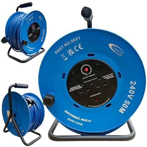 CONNEXION 50m Cable Reel Extension Lead 13amp Twin Socket 240v Heavy Duty 2.5mm Cable Carry Handle Thermal Cut Out and Power Indicator ideal for industrial and Domestic Use