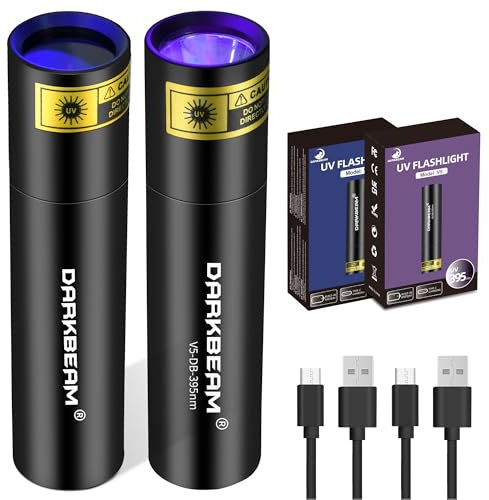 DARKBEAM Torcia UV 365nm e Torce Luce nera 395nm ultravioletta, Lampada di Wood Mini Portatile Potente Blacklight Ricaricabile USB, per Rilevare di urina cane, vetro all'uranio, ambra, resina, 2 Pezzi