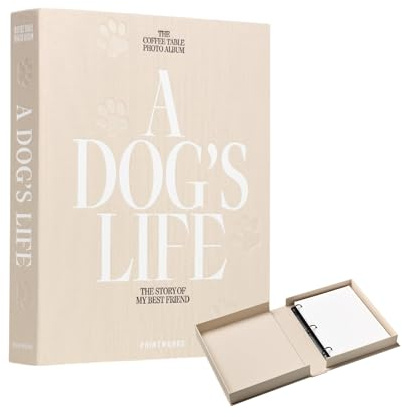 Printworks Hundalbum – A Dog's Life – minnesbok i beige tyg med 30 sidor, stort minnessak för foton 10 x 15 cm, med skrivutrymme, expanderbart djurfotoalbum