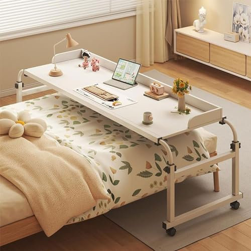 Verstellbarer Betttisch mit Rollen, höhenverstellbar, Steharbeitsplatz für Laptop, mobiler Computertisch für Zuhause und Krankenhaus, Weiß/Schwarz, 140 cm