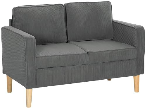 HOMCOM 2 Seater Sofa with Storage, Compact Loveseat Sofa with Solid Wood Legs, Corduroy Small Couch Settee for Living Room, Bedroom, Home Office, 117 x 63 x 79cm, Grey