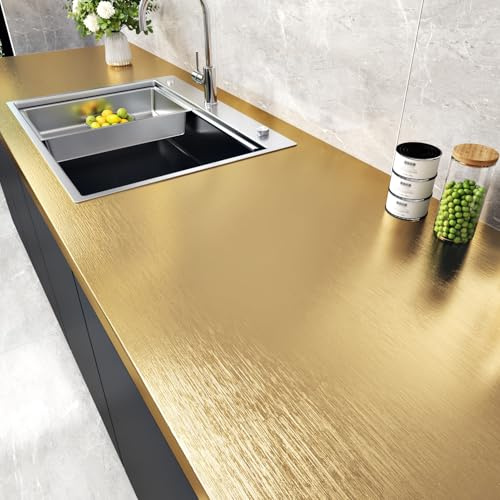 WESTICK Stainless Steel Gold Contact Paper Removable Metallic Gold Wallpaper Peel and Stick Brushed Golden Contact Paper Stainless Steel Vinyl Fridge Wrap for Appliances Cabinets Countertops 15.8x80