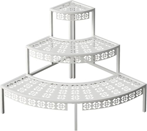 3 Stufen Metall Blumentreppe, Pflanzentreppe Blumenbank, Pflanzenregal Blumenregal, Pflanzenständer für Garten Balkon Indoor Outdoor, Multifunktionales Blumenregal mit Großer Kapazität, Rund, Weiß