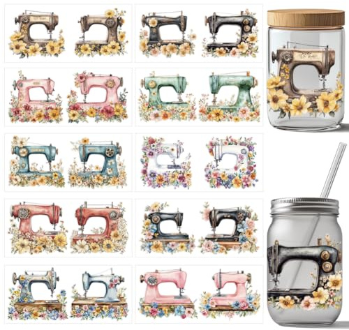 arricraft 10 Stück UV Transferpapier Für Nähmaschinen Tassendruck 10 Stile Wasserdichte Vintage Aquarellblumen UV DTF Cup Wrap Aufkleber Für 16 OZ Glasbecher Zum Basteln