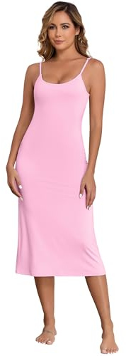 Qzzater Langes Slip-Kleid für Damen, verstellbare Spaghettiträger, vollständiger Slip für Damen, unter Kleidern, Cami, Midi-Kleid, Nachthemd, Helles Pink, S