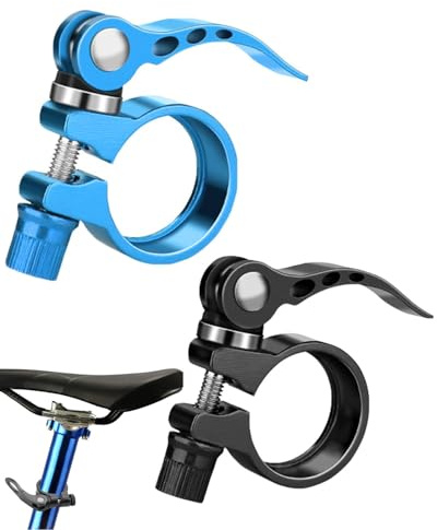 TPZORJX 2PCS Antivol Selle Velo, Antivol de Selle en Aluminium, Fixation Sûre et Installation Facile Colliers de Selle pour Vélo 31.8, Collier de Selle Idéal pour VTT et Vélo de Route (Noir + Bleu)