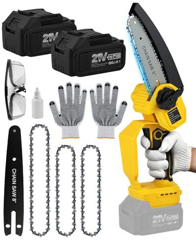 Mini Kettensäge mit Akku 8000mAh, 6&8 Zoll Mini Kettensäge Elektro mit LED-Anzeige & 2 * 4000 mAh Akkus, 3 Ketten, Kompatibel mit Makita 18V Akku, Bürstenlose Handkettensäge für Holzschneiden