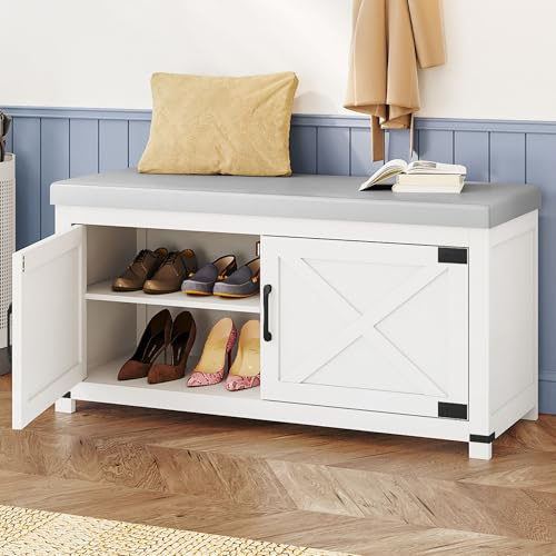 Hzuaneri Shoe Storage Bench with Padded Seat, 2 Tier Shoe Rack Bench with 2 Barn Doors, Adjustable Shelves, Shoes Cabinet with Cushion for Hallway, Living Room, Entryway, White SB26603GY