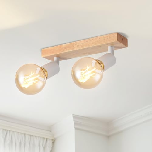 LVWIT Faretti LED da Soffitto Orientabili Bianco, Faretto da Interno con 2 Lampadine LED E27, Base di Legno, Faretti Soffitto Retrò per Barra, Salotto,Cameretta, Cucina (Lampadine Escluse)