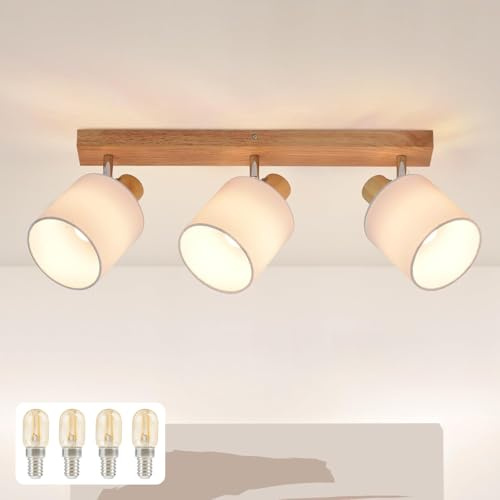 Glitzerlife Deckenleuchte 3 Flammig Deckenlampe Flur Deckenstrahler | Modern Holz Deckenspot Wandstrahler Schwenkbar 350° E14 MAX.25W lampe für Wohnzimmer Schlafzimmer Küche Mit Leuchtmittel