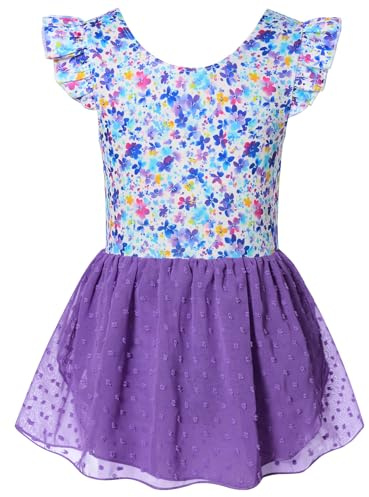 Funnycokid Ballet Leotard for Girls Dance Leotards with Skirt 6Y Ruffle Sleeve Ballerina Outfit Size 6