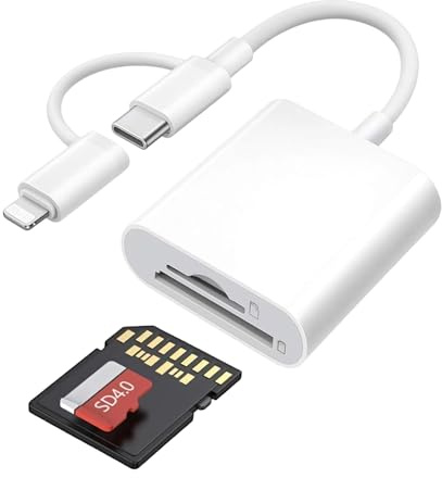 SD Card Reader for iPhone 2 in 1 Adapter Dual Connectors Dual Card Slot Lightning & USB-C to MicroSD/SD Card Memory Card Reader for iPhone/iPad/Macbook/Android/Samsung/Camera Plug And Play