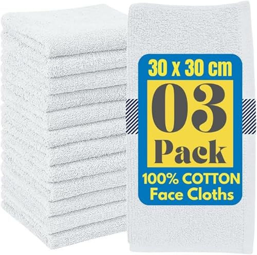 100% Cotton Flannel Face Cloth Set of 3 Size (30x30cm) Ultra Gentle 500 GSM Face Towels for Sensitive Skin-Reusable Facial Cleansing Washcloths for Unisex Adult Spa Gym Sport Beauty (3, White)