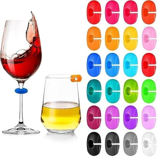 Hawfund Lot de 24 marqueurs de verre réutilisables pour vin, jus et cocktails, décoration de fête colorée pour mariage, anniversaire, bar (couleurs)