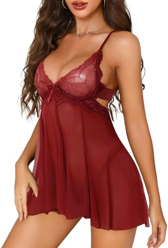 UMIPUBO underkläder kvinnor sexiga underkläder spets sexiga underkläder babydoll v-ringning negligé nattkläder kvinnor nattlinne klänning underkläder outfit underkläder set curvy rygglös S-L, Vinröd