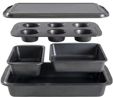 5 Piece Nonstick Bakeware Set – Loaf Pan, Square Pan, Muffin Pan, Roaster Pan & Cookie Sheet – Carbon Steel, Easy Release, Dishwasher Safe