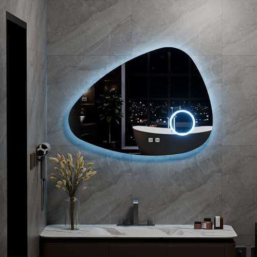 Saitedudu Badspiegel mit Beleuchtung,60x80cm Asymmetrischer LED Badezimmerspiegel, Entfoggen,Touch-Schalter, Dimmbar, 3 Lichtfarbe Einstellbare,Uhr Spiegel Bad mit Beleuchtung, Horizontal/Vertikal