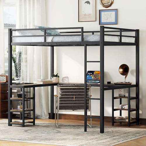 Sailret Full Metal Loft Bed with L-Shaped Desk and Shelves, Full Bed Frame with Ladder and Full-Length Guardrails, Space-Saving Bed for Bedroom, Black with Vintage Wood Desk