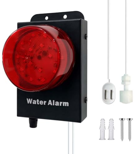 Professionell 2-i-1-vattennivå- och läckagesensor med 16,4 fot dubbelsond (flottörbrytare läckagesensor), 120 dB larm med stroboskop, för dränkbar pump/diskmaskin/under diskbänk/källare