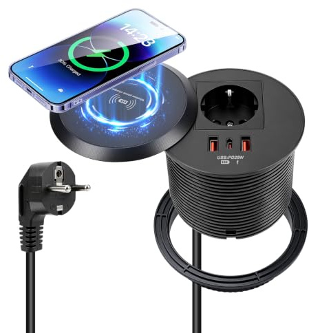 Infälld grenuttag USB-C PD 20W/15W Qi-laddning/1,8m kabel för kök,skrivbord | Utdragbar grenuttag, 15W trådlös laddare, 1 Schuko + 3 USB utdragbara grenuttag, skrivbordsuttag