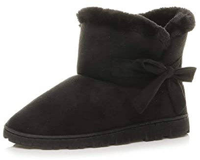 Ajvani Womens Ladies Flat Pull on Cosy Fur Lined Ankle Boots Booties Slippers, Black / Black Fur, 6 UK