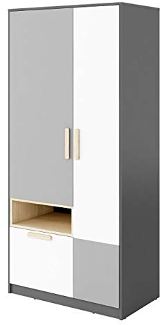 Mirjan24 Kleiderschrank Pok PO02 mit Kleiderstange und Schublade, Drehtürenschrank für Jugendzimmer (Graphit/Buche Ibsen/Hellgrau/Weiß)