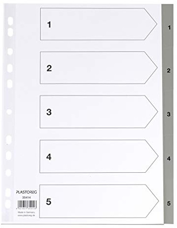 5er Set 5-teiliges Register/Trennblätter aus PP, DIN A4 mit Zahlen 1-5, volldeckend, grau praktischem Deckblatt aus stabilem Papier zum Beschriften. Trenn-Blätter für die Ordner-Organisation im Büro