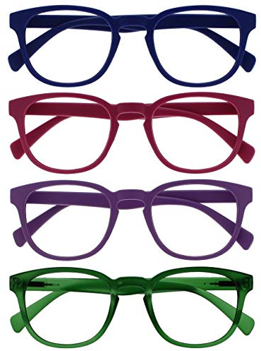 OPULIZE Pop Lesebrille 4er Pack Keck Rund Matt Rahmen Federscharniere Kratzfest Blau Rosa Lila Grün Herren Damen RRRR2-3456 +1.00