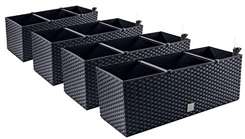 PAFEN 4in1 Set 4X Balkonkasten Blumenkasten Rattan-Optik 4 Farben Pflanztopf Wasserstandsanzeiger (Anthrazit)