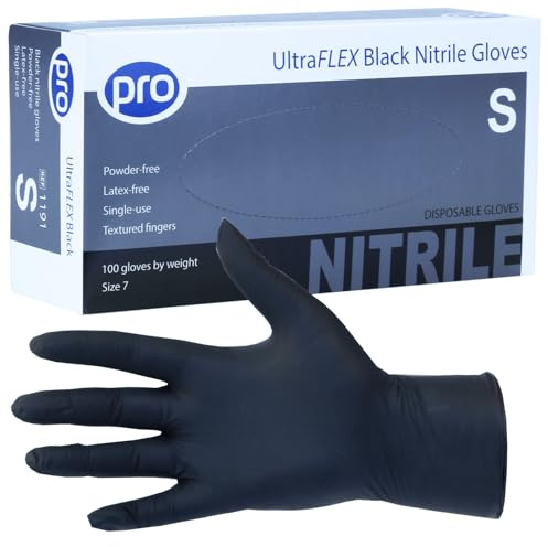 PRO UltraFLEX Black 3.5g Nitrile Disposable Gloves, Small - 100 Pack | Powder-free, latex-free, food safe nitrile. EN420 certified. Ideal for Tattooists, Nail Tech, Salon & Catering