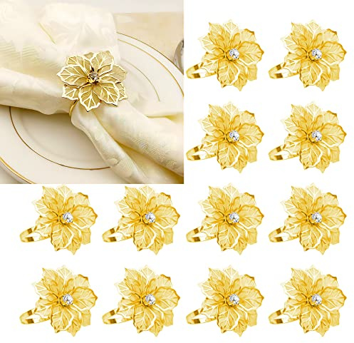 INCETUE 12 Stück Serviettenringe Gold, Metall Serviettenring mit Ausgehöhlten Blume, Vergoldeter Blumen Servietten Ringe Set mit Strasssteinen, Serviettenschnallen für Hochzeit Weihnachten Party