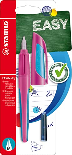 STABILO - Schulfüller mit Standard-Feder M - EASYbuddy FRESH in pink/hellblau - blau (löschbar) - inkl. Patrone - Blister