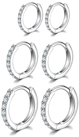 Ringörhängen i silver för kvinnor, 925 sterling silvernil, små ringörhängen i silver med AAA kubisk zirkonia, 3 par små ringörhängen att sova i, huggie-örhängen med gångjärn (8/10/12 mm), Kubisk