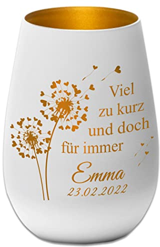 Trauerlicht/Windlicht/Personalisierte Gravur - Namen und Datum - Viel zu kurz und doch für Immer - weiß/Gold - Gedenklicht Erinnerungslicht Grablicht Trauergeschenk