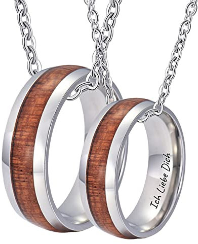 Bishilin Paar Halskette mit Gravur Ich Liebe Dich, Kette Silber 60CM Charms Anhänger Ring 8MM mit Holz Partnerketten für 2
