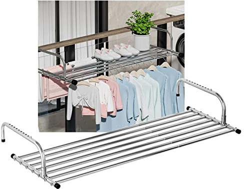 whalebee Stendibiancheria da Balcone, Stendino Appendibile Estensibile Stenditura Antiruggine Pieghevole, per Balcone E Terrazza, Salvaspazio Multifunzione Stendibiancheria in Acciaio Inox